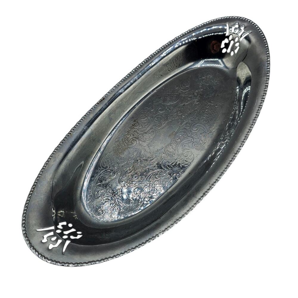 Vintage Krome Kraft Farber Bros New York Chrome Plated Filigree 12" Oval Tray